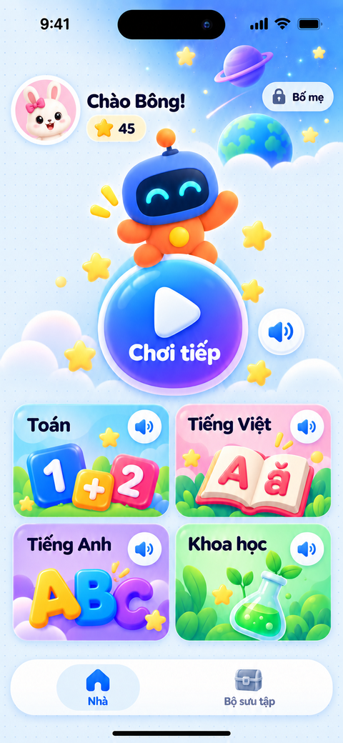 Màn hình StarJar với robot, nút Chơi tiếp và các môn Toán, Tiếng Việt, Tiếng Anh, Khoa học
